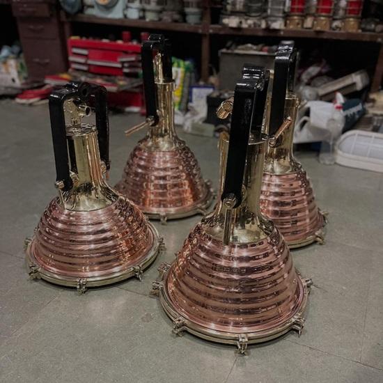 Nautical Copper Brass Pendant Light Large Industrial Marine Ship Lamp, Coastal Ceiling Fixture, Retro Maritime Lighting Set Of 4