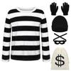 Herren Dieb Kostüm Set für Halloween Party Enthält Gestreiftes Langarmshirt Handschuhe Mütze Maske und Geldbeutel Fünfteiliges Outfit