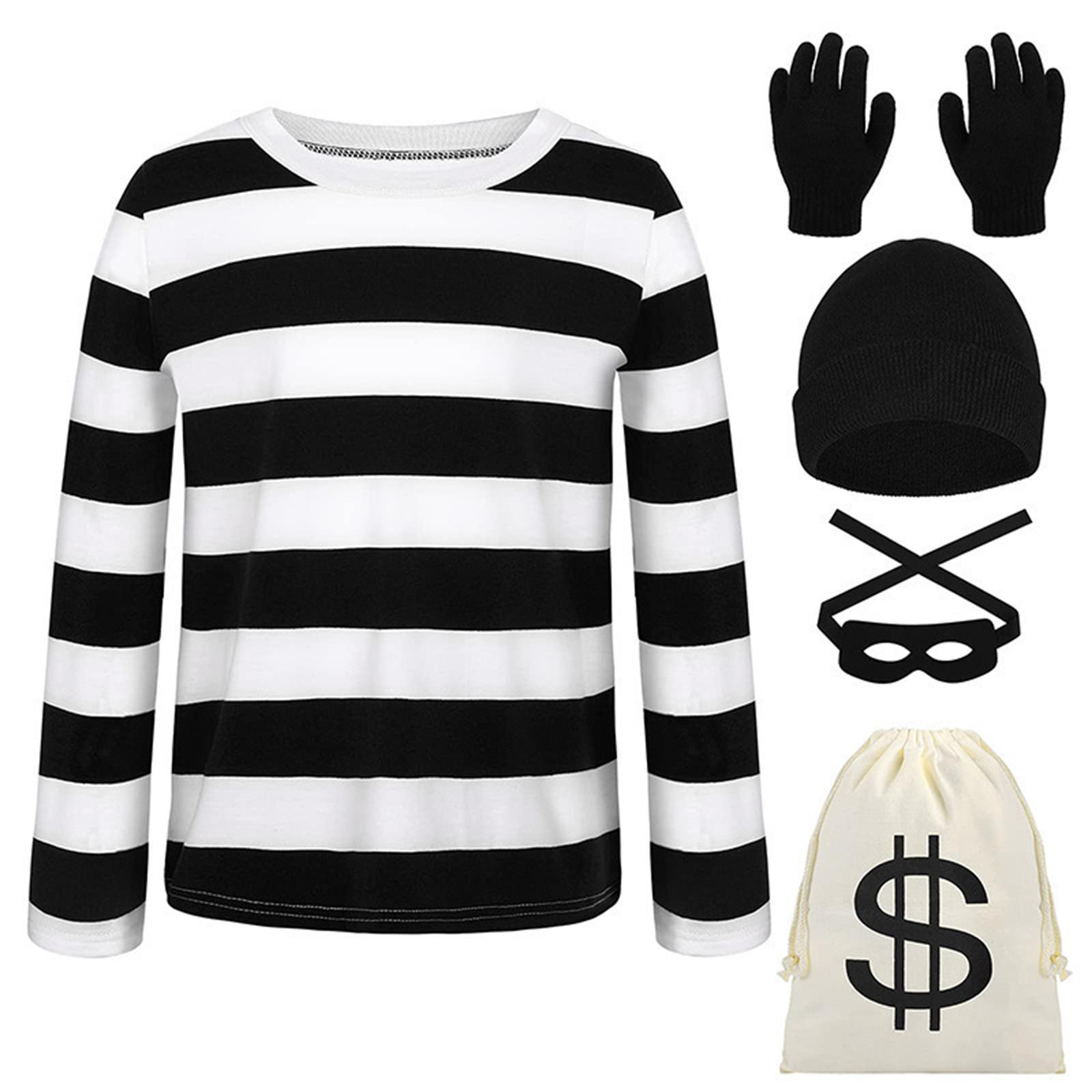 Men s Thief Costume Set for Halloween Party Includes Striped Long Sleeve Shirt Gloves Beanie Mask and Money Bag Five Piece Outfit One Size чёрный