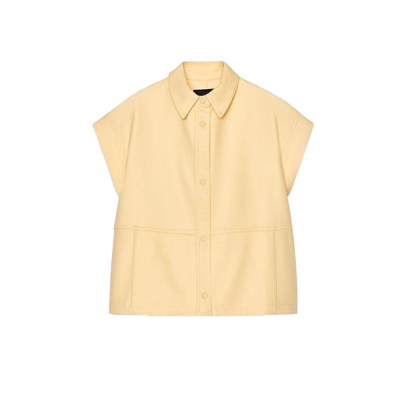 

Cotton Blend Lapel Sleeveless Drop Shoulder Design Loose Vest 5216065 Mid Waist Wide Leg Trousers 5216064 Light yellow Tops L