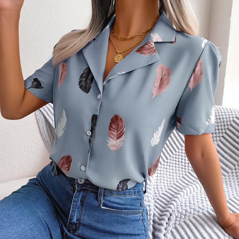 Women Summer Short Sleeve Lapel Feather Printed Casual Office Shirt Blouse Top