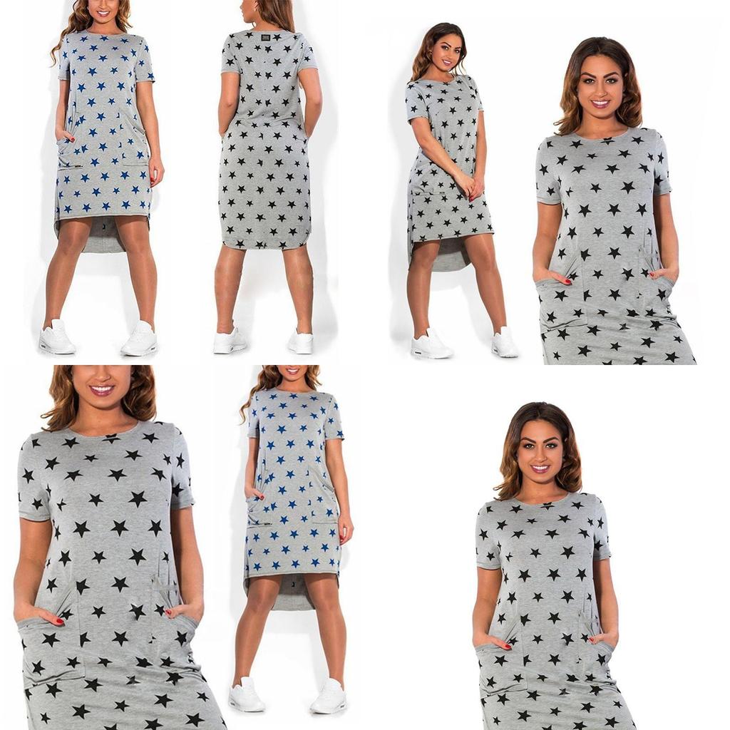 Summer Women Stars Printed Clothing Loose Fit Knee-length Casual Dress In Cotton Blend