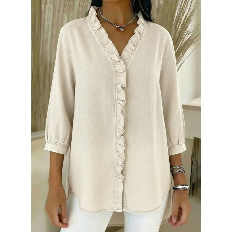 2026 Ladies Casual Imitation Denim V-Neck Ruffle Shirt