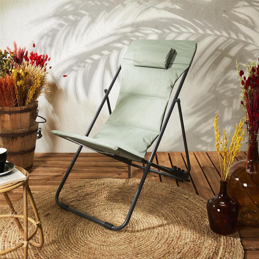 FOLDABLE DECK CHAIR Grue KHAKI adjustable backrest with cushion