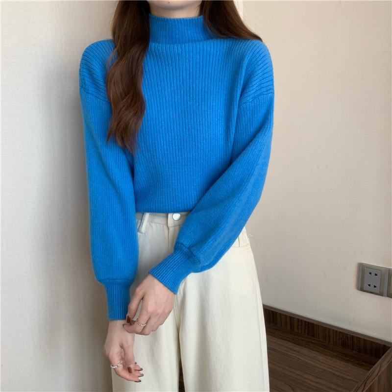 Half Turtleneck Sweater for Women Loose Solid-color Knitted Sweater for Autumn and Winter Casual Long-sleeved Pullover