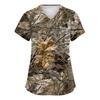 Women's V-Neck Short Sleeve Scrub Top with Pockets, Fall Leaves Print, Work Uniform