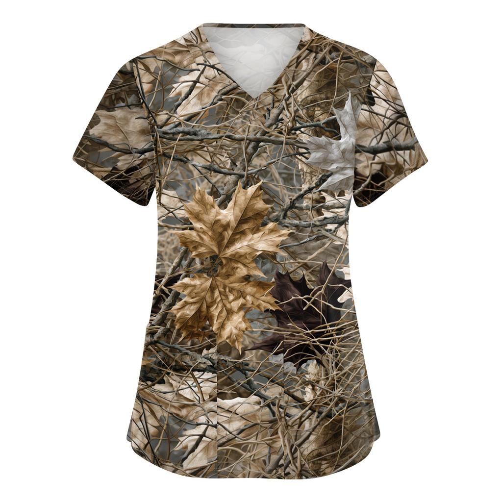 Women's V-Neck Short Sleeve Scrub Top with Pockets, Fall Leaves Print, Work Uniform