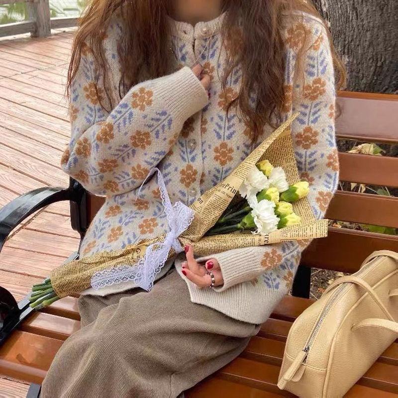 Women's Y2K Thick Flowers Cardigan Knit Sweater Knitwear Winter Shirts Pullovers Korean Style Clothes Outer For Women 2024