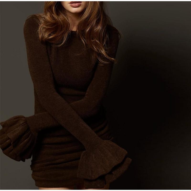 

Flared Sleeve Round Neck Knitted Dress Ladies 2026 New Style Slim Dress Fashion All-match One-piece Dress L коричневий