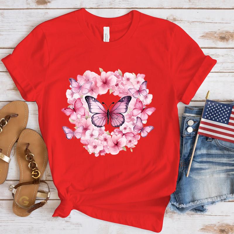 New Breast Cancer Awareness Flowers Butterfly Print T Shirt Women Men Short Sleeve Tops Tees Summer Fashion Loose Casual T-Shirt