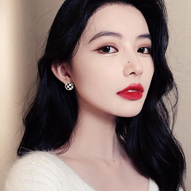 Pearl Checkerboard Earrings Women'S High-End Light Luxury Earrings Personality Temperament Earrings