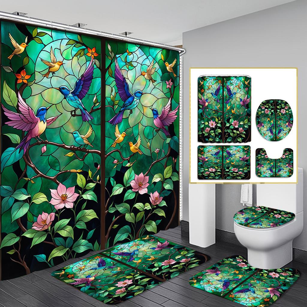 Christmas Shower Curtain Four-Piece Non-Punching Partition Curtain Digital Printing Bathroom Decoration Curtain