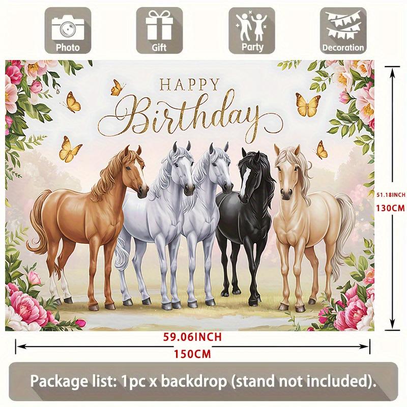 A Birthday Party Banner Themed On Horses - Featuring Vibrant Flowers and Butterflies Decorating the Background Fabric