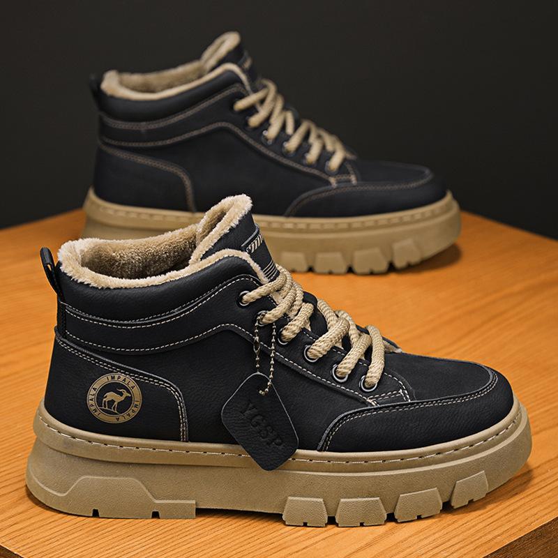 

Winter fleece thickened British style Martin shoes leather surface lace-up thick sole heightening casual shoes 44