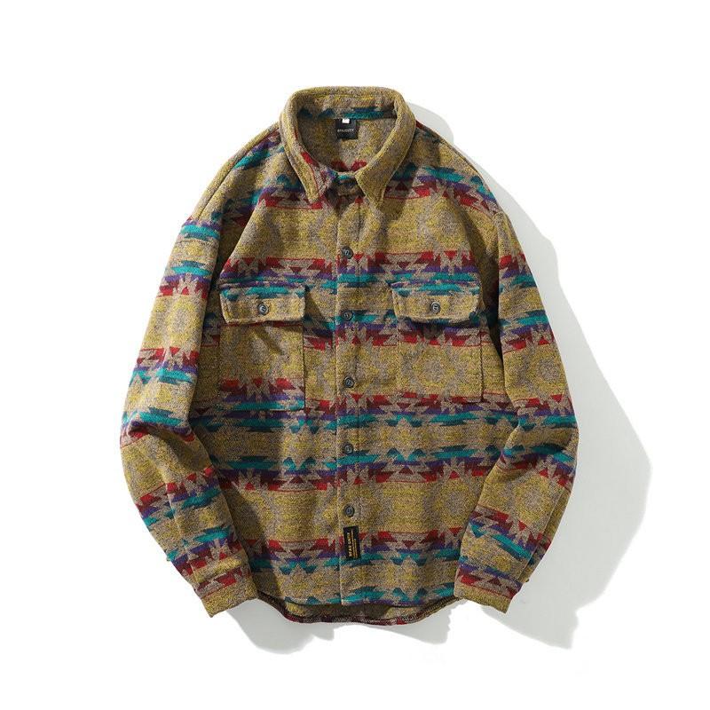 Camicia da uomo a maniche lunghe in flanella, stile etnico vintage, vestibilità larga e oversize, casual, autunno