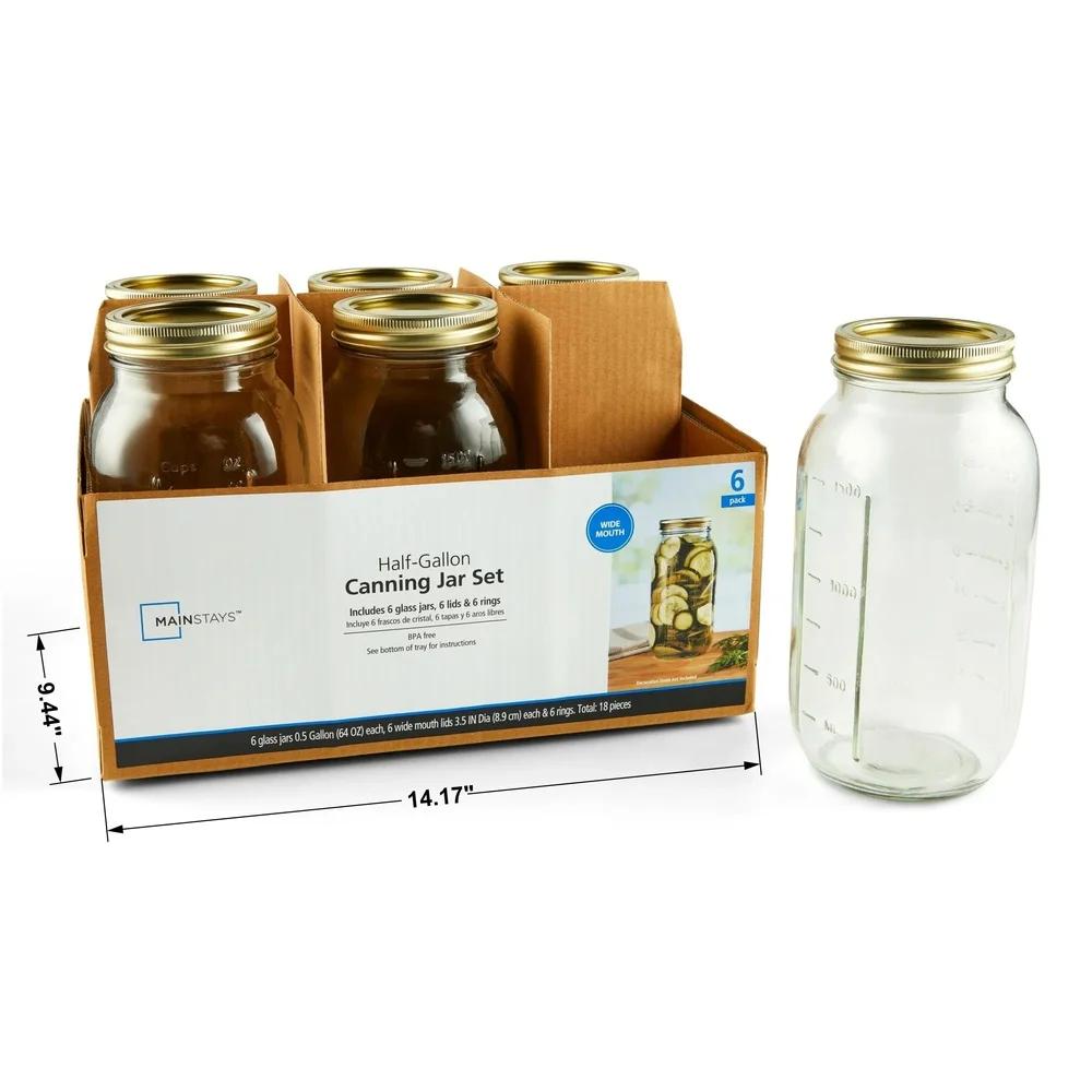 64 oz Airtight Glass Jars Wide Mouth Canning Jars 6 Count Food Storage Preserving Fruits Vegetables Sauces Dishwasher Safe