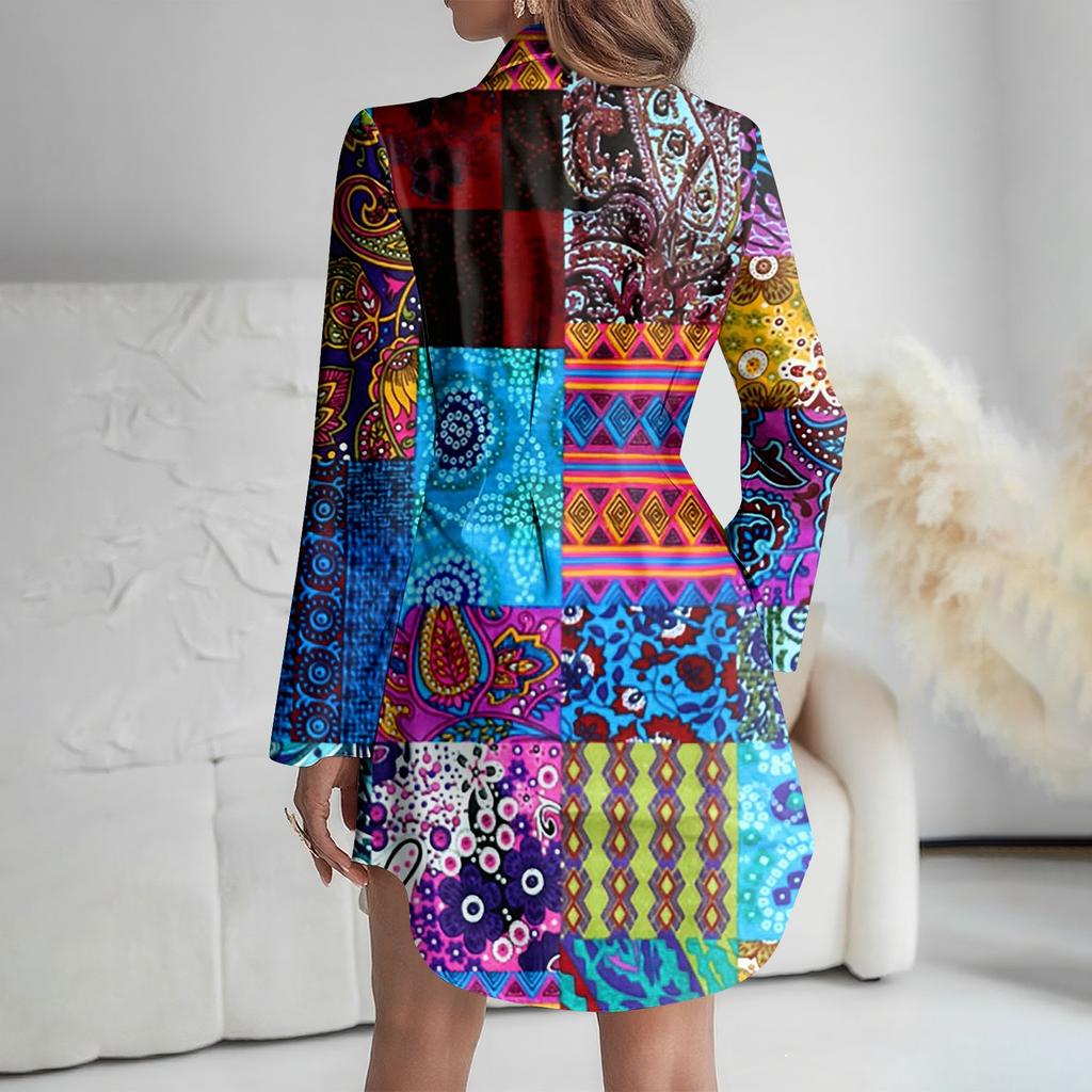 Damen Locker sitzendes V-Ausschnitt Langarmkleid Druck Arbeitshemdkleid