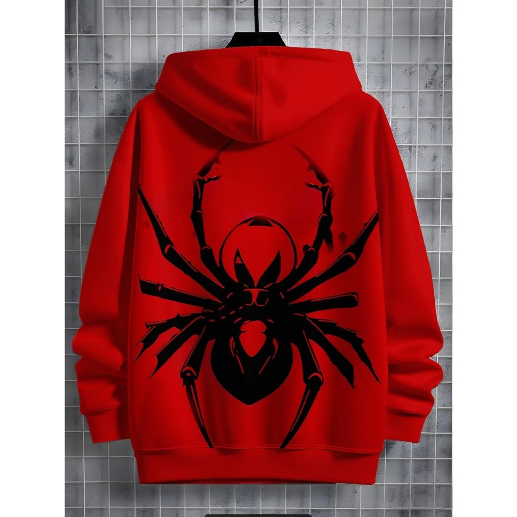 Boys' Red Hoodie - Black Spider Pattern and Graffiti Design, Spring and Autumn Casual Long Sleeve Hoodie