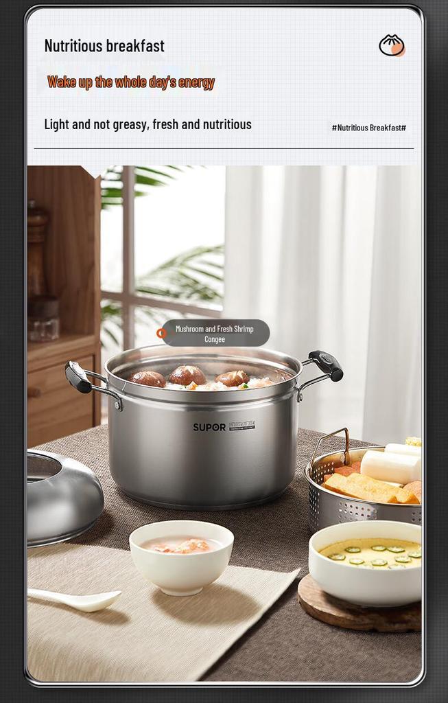 Supor Multi-Purpose 304 Stainless Steel Steamer Pot with Thickened Composite Bottom, 22/24cm - Ideal for Fish and Soup.