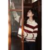 Women's Christmas Red Striped Polo Knit Cardigan