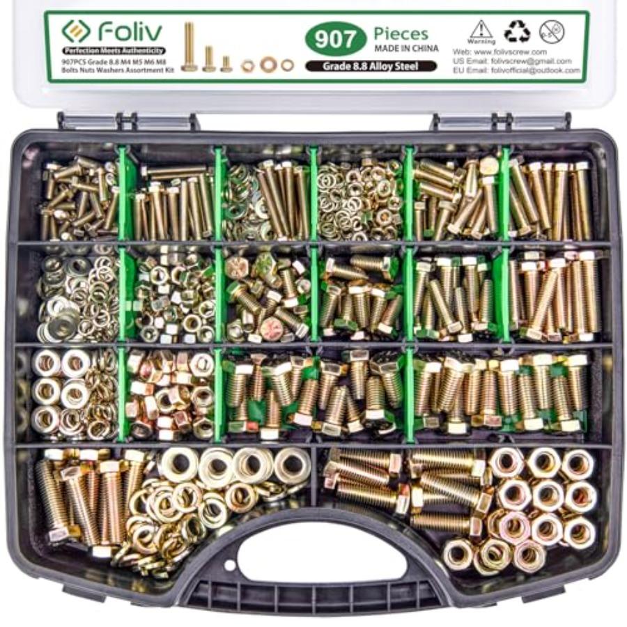907-teiliges metrisches Schrauben- und Mutternsortiment der Güteklasse 8.8 mit den Größen M4 M5 M6 M8, gelb verzinkt, für Heavy-Duty-Anwendungen