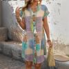 women's Geometric Print Short Sleeve Button Down Casual Dress V Neck Tunic Shift Dress