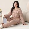 Pajamas Women'S Winter Three-Layer Thickened Fleece Woven Cotton Jacket Autumn And Winter Coral Fleece Warm Loungewear