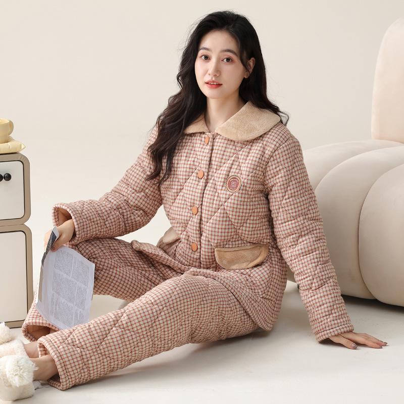 Pajamas Women'S Winter Three-Layer Thickened Fleece Woven Cotton Jacket Autumn And Winter Coral Fleece Warm Loungewear