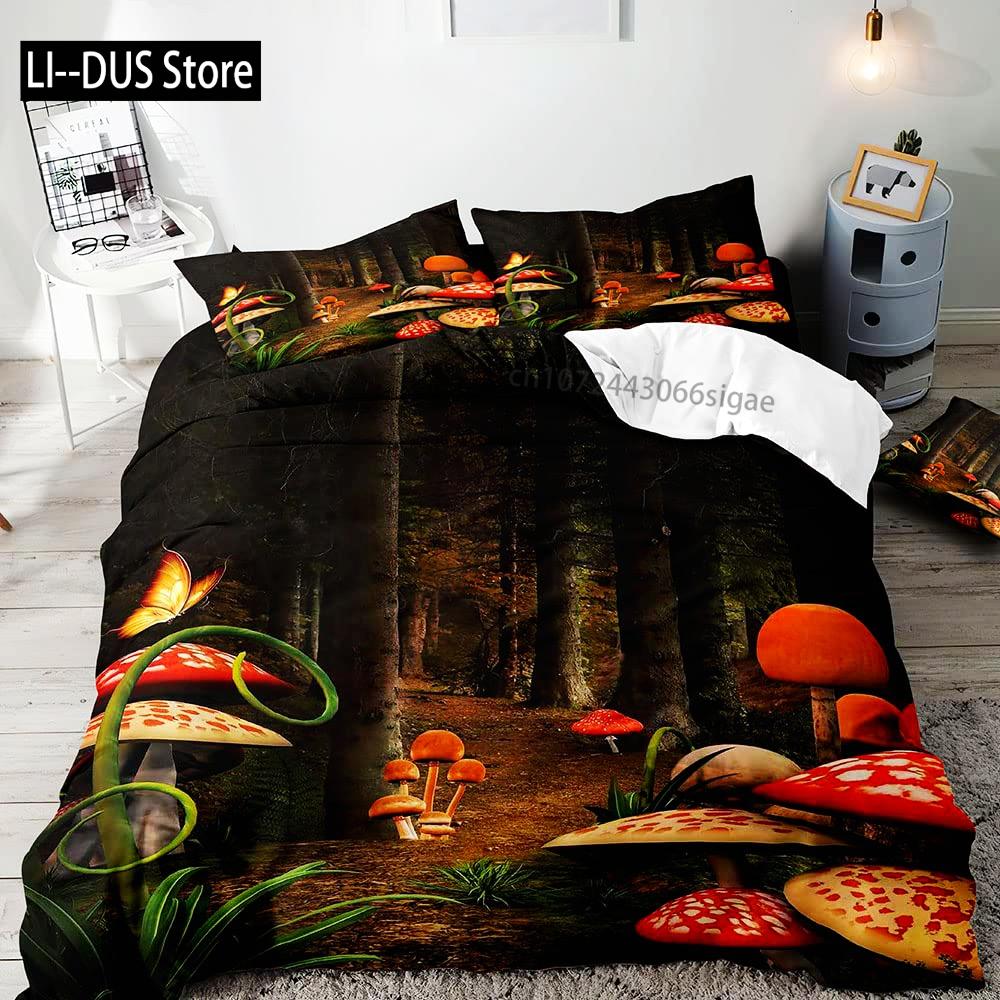 White Mushroom Bedding Set Duvet Cover Full Size Green Plant Botanical Comforter Quilt Cover 2 Pillow Shams for Women Girls
