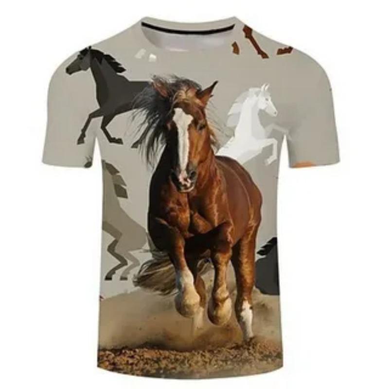 Summer Comfortable Fashionable 3D Printed Horse Pattern Round Neck Kids Clothes Fashion Casual Tops Soft Girls Creative Colorful T-Shirt