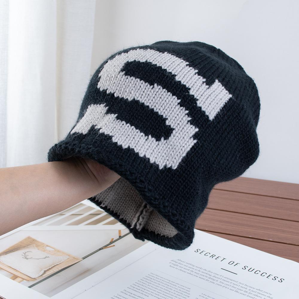 American loose retro contrasting color thick knitted hat bag head hat women's autumn and winter warm face small cold hat stack hat