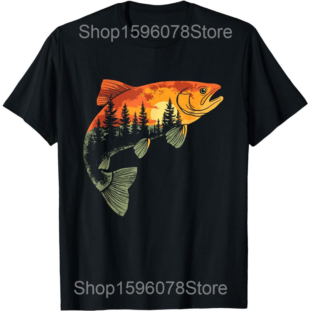 Trout Fly Fishing Angler Fisherman Nature Forest T Shirts Men Women Humor Streetwear Tee Short Sleeve Unisex Loose Clothing