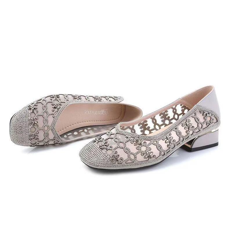 Summer Shoes Women Low Heels Breathable Mesh Shoes Square toe Elegant Office Lady Shoes Black Beige Grey Plus Size 42