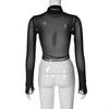Modă Primăvara 2025 Guler înalt din plasă Mânecă lungă Roșu Drapaj Bandaj Sexy Transparent Tricou Crop Top Streetwear Club