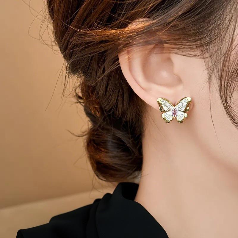 New French retro Mori butterfly stud earrings Monet Garden white dripping oil temperament super fairy earrings