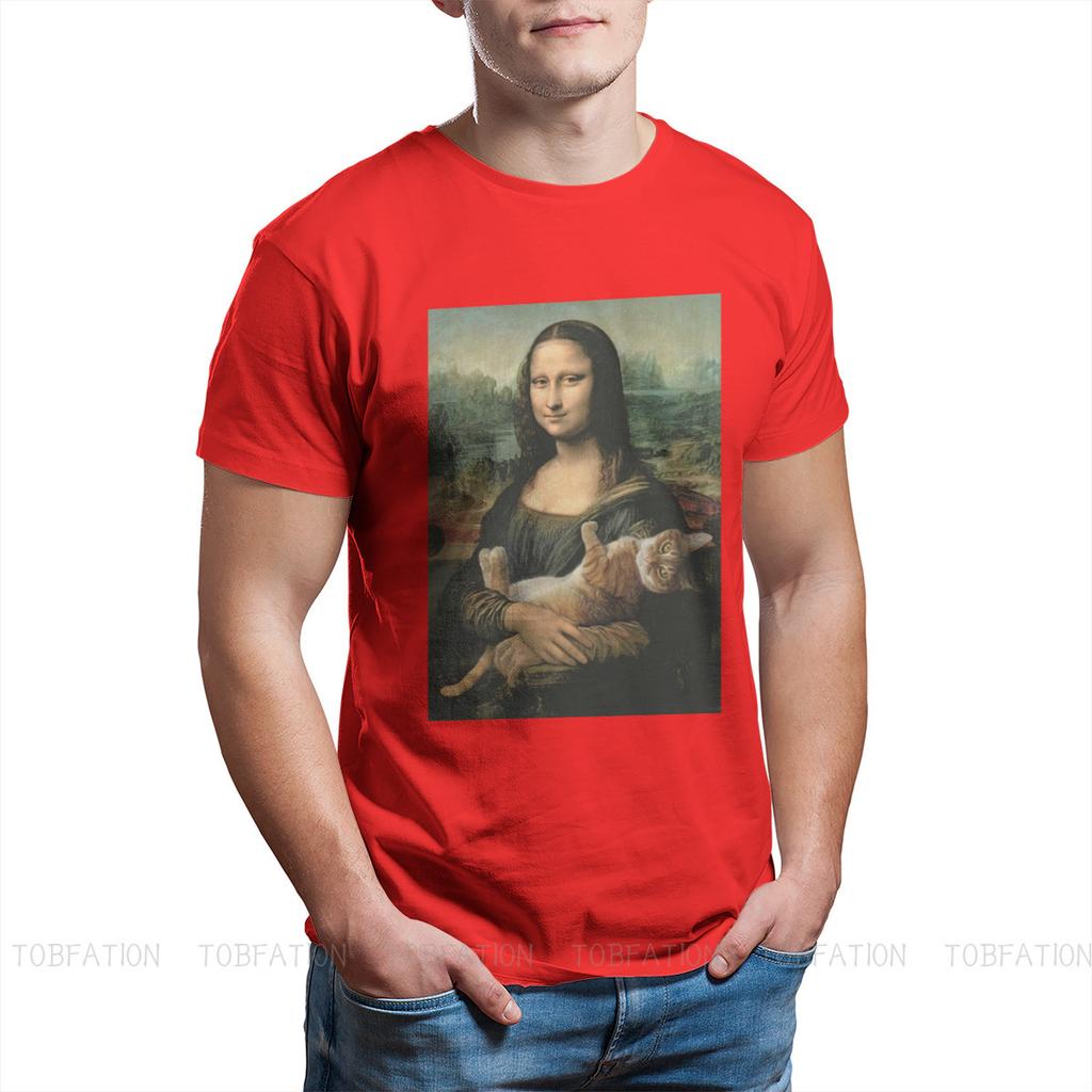 ZX Vintage Alternative Funny Artwork Van Gogh Mona Lisa with Cat Meme Design Men Tshirt Clothes Oversize Cotton Harajuku T Shirt