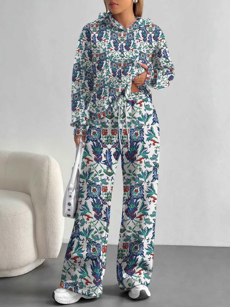 European And American Autumn And Winter Casual Long-Sleeved Retro Pattern Set Women'S Hooded Sweater Trousers Two-Piece Set