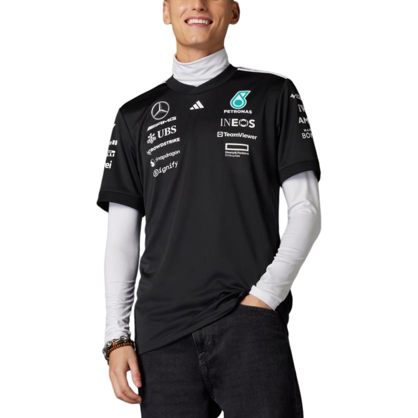 Adidas X Mercedes-Amg Petronas F1 Spolupráca Tím Ss25 Pohodlné Všestranné Mäkké Pánske Tričko s Krátkym Rukávom Vrchné Diely Čierne JW5361