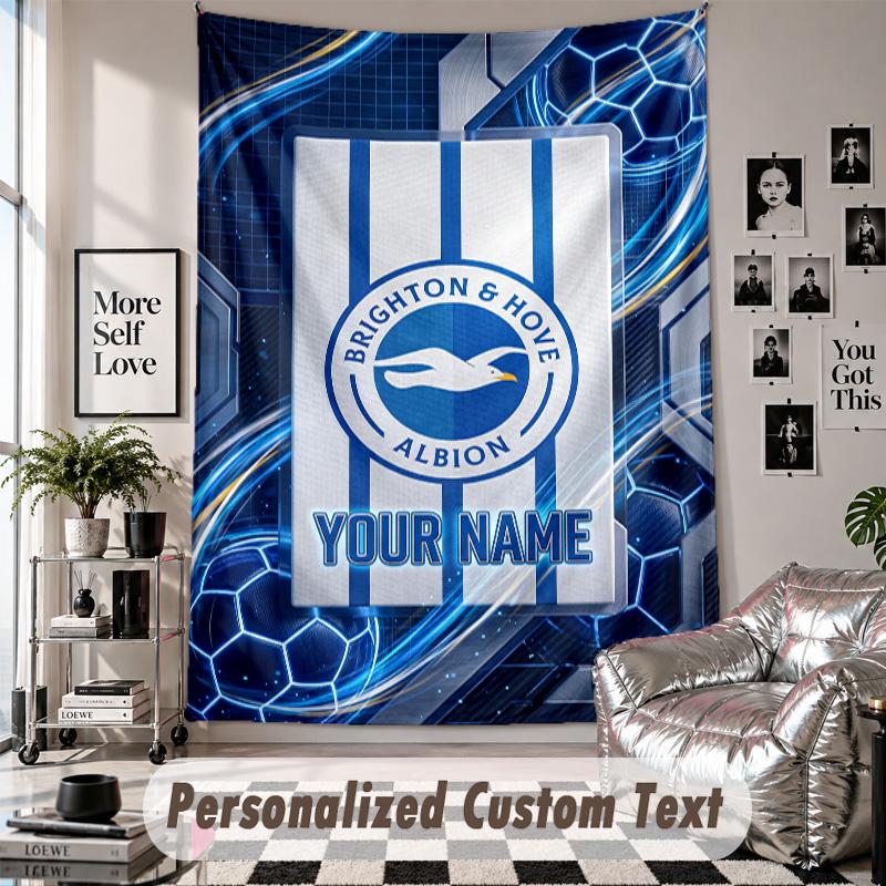 Custom Tapestry Wall Hanging, Brighton & Hove Albion Football Personalized Name Text Home Wall Decor