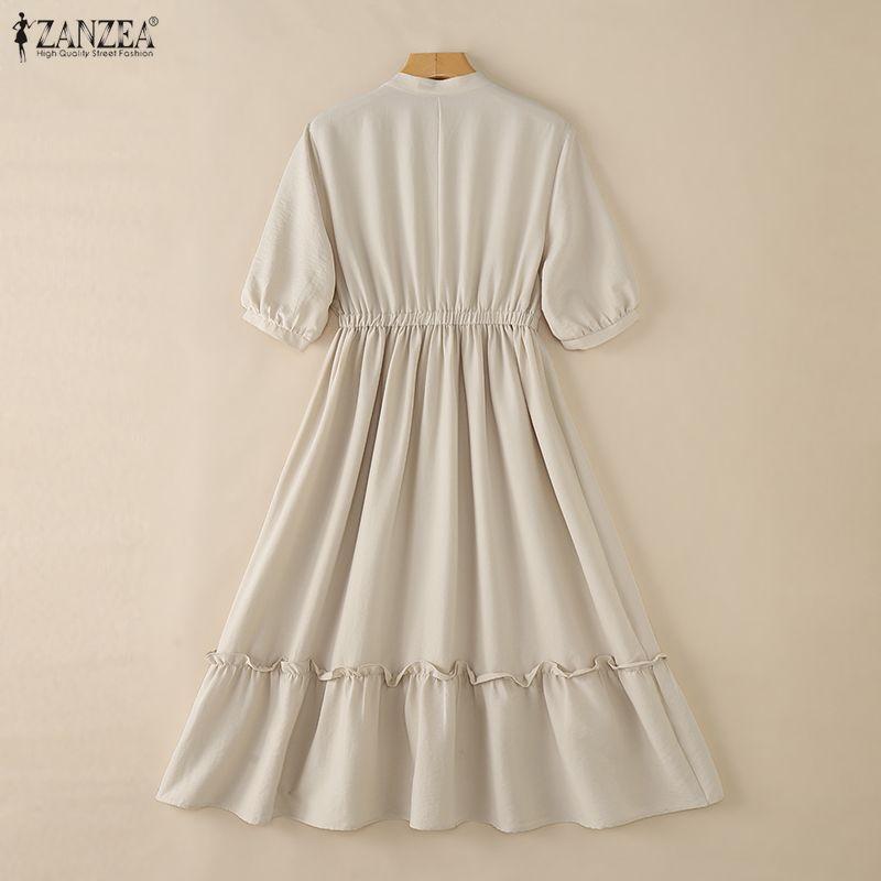 ZANZEA Women Summer Stand Collar Casual Half Sleeve Dress