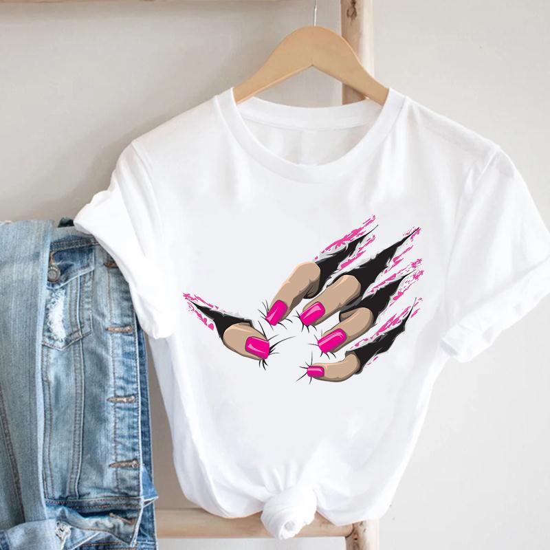 Summer Fashion Women T-shirt Short Striped Make Up Printing Spring Sleeve Lady Print Tee Top Female Clothing Casual Graphic T-shirt