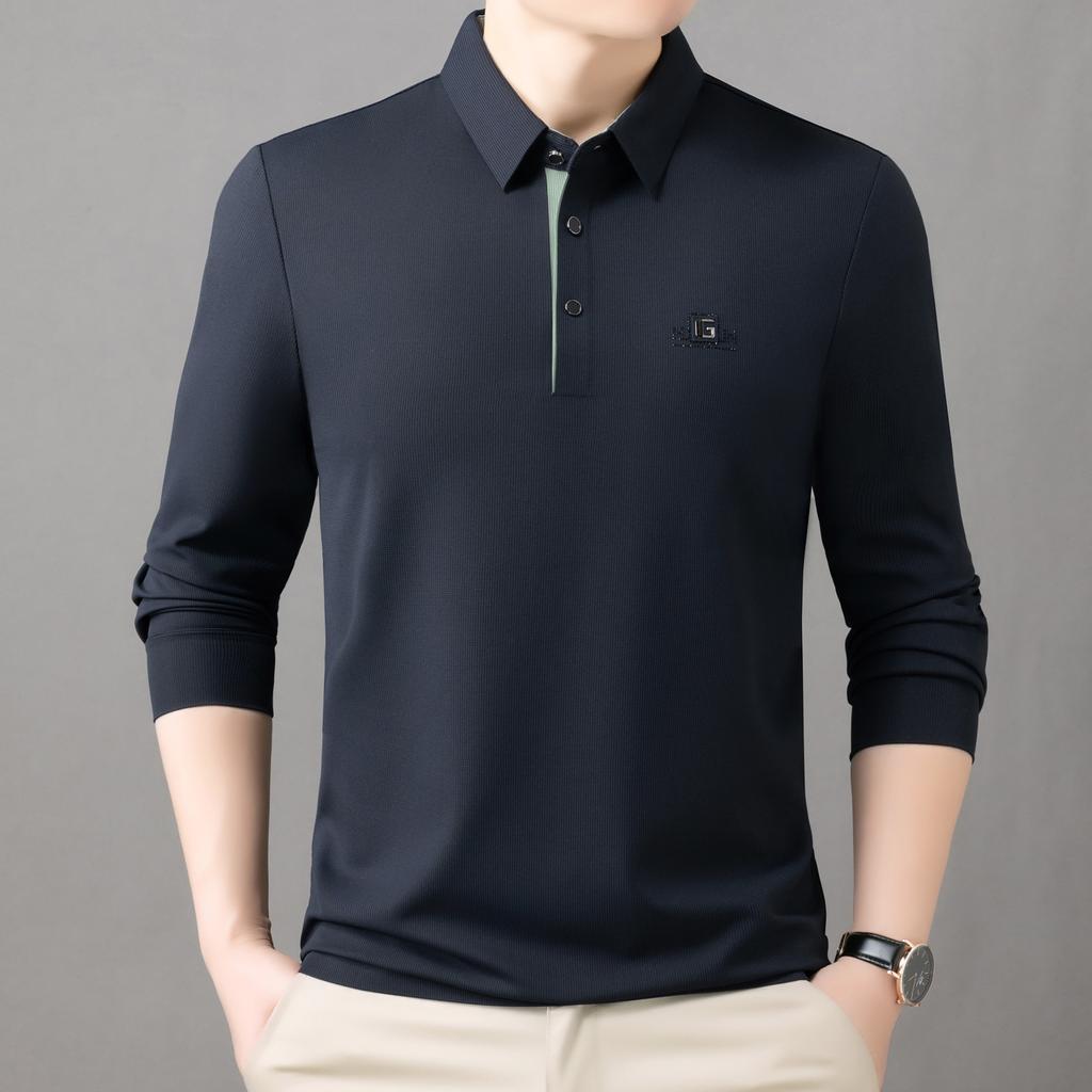 Spring and Autumn Men's Polo Long Sleeved T-shirt Simple Business Casual Loose Top Base Shirt