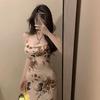 Women's French Style Floral Print Satin Midi Dress, Spaghetti Strap Cowl Neck Vintage Bodycon Dress for Elegant Evening Wear