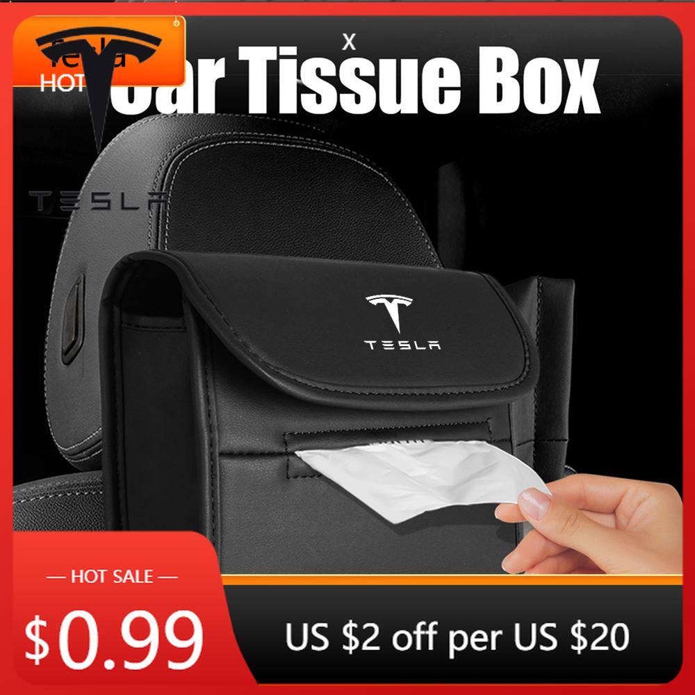 Car Sticker Tesla Car Tissue Box Holder Leather Napkin Box Car Back Seat Paper Towel Organizer With Fix Strap For Tesla Model 3