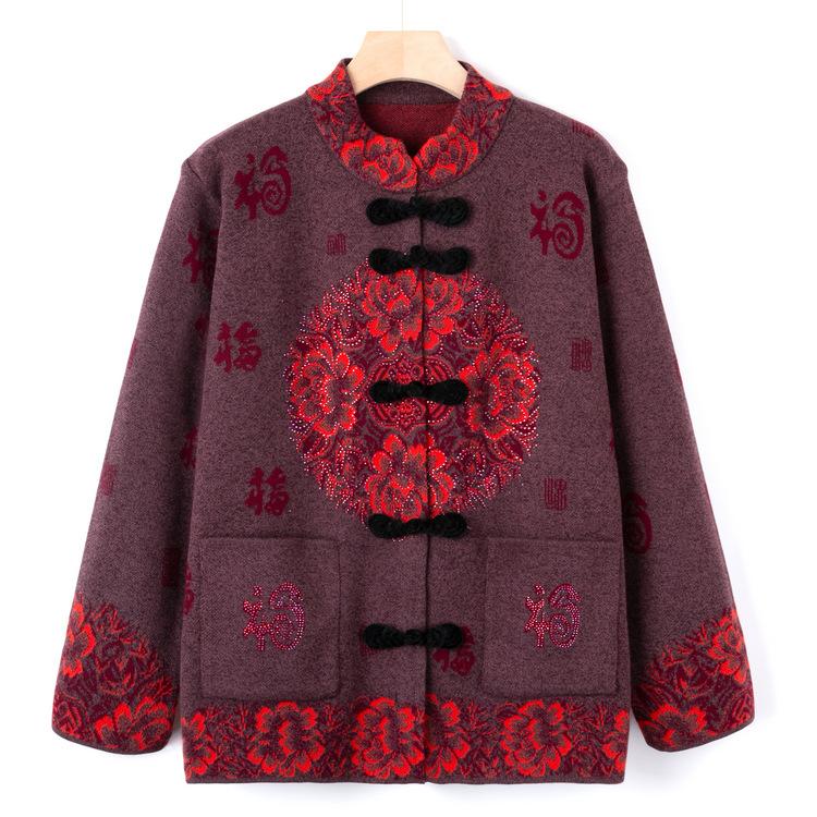 Middle-aged and Elderly New Knitwear Fu-character Tang Suit Old Woman Grandma Autumn Cardigan Sweater Mother Autumn Cardigan