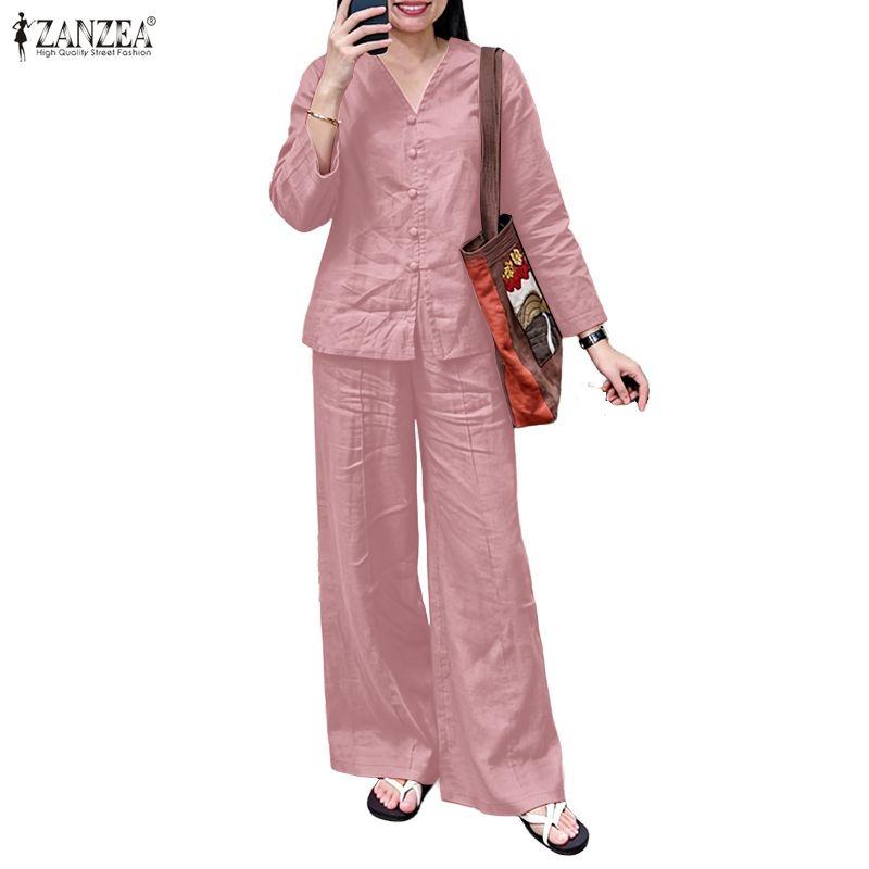 ZANZEA Dámské ležérní dvoudílné sady obleků s dlouhým rukávem a kalhotami