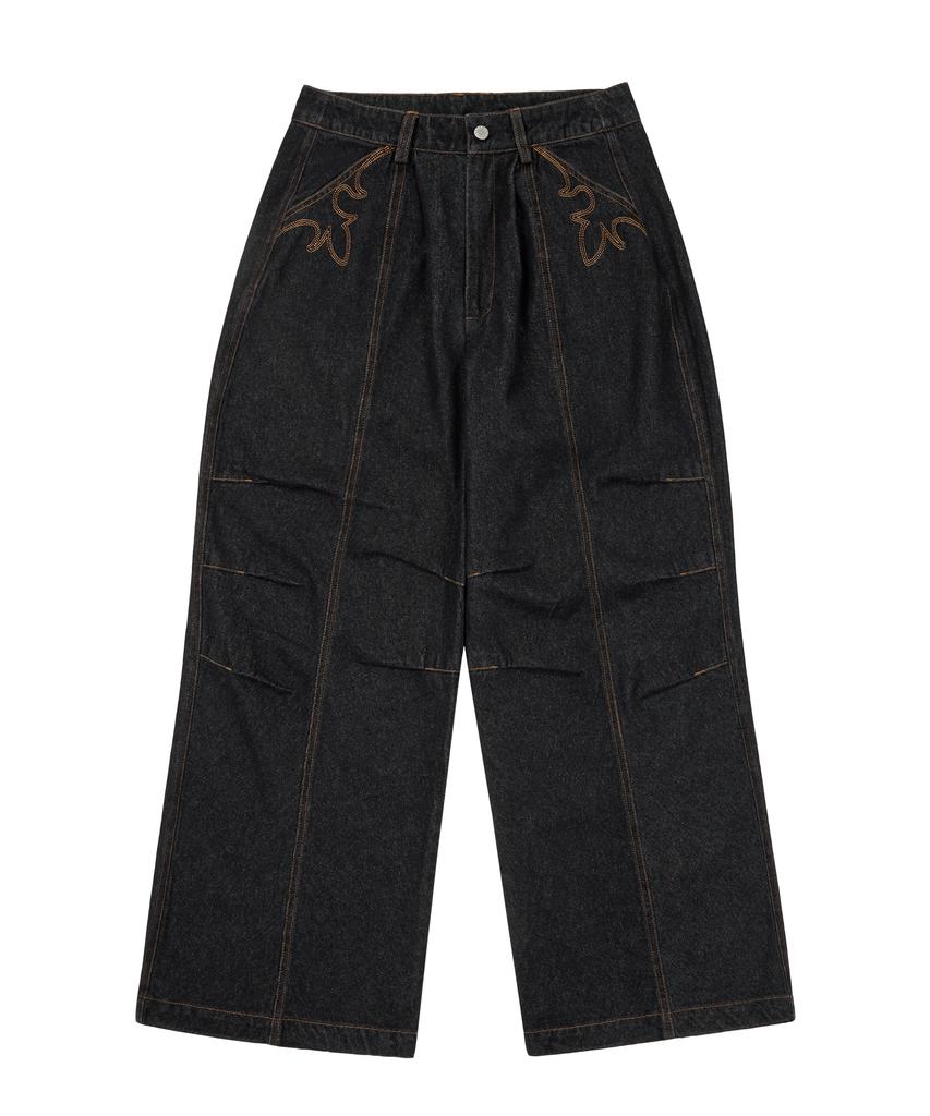 AAKAM Knee Pin-Tuck Western Denim Pants (Black)