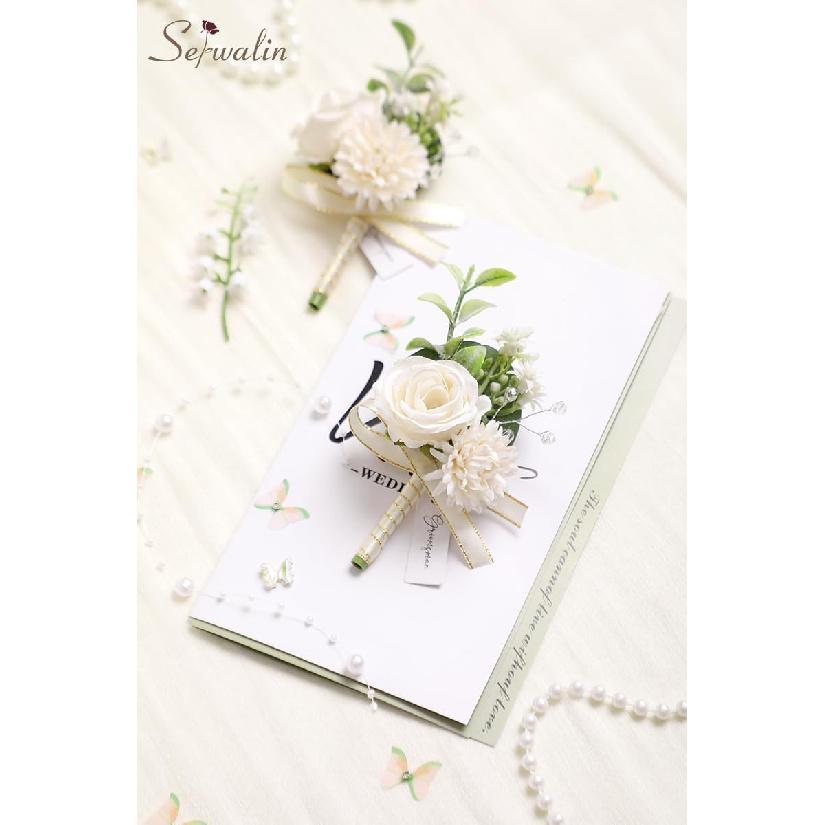 Serwalin 2 Pcs White Boutonniere for Men, Groom Groomsmen Best Man Guest Boutonnieres, Artificial Flowers Silk Rose for Wedding Prom Ceremony