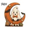 Waterproof Solid Wood Ornaments Halloween Retro Pumpkin Witch Cat Ghost Figurines with Crescent Base, Spooky Vintage Fall Holiday Party Supplies