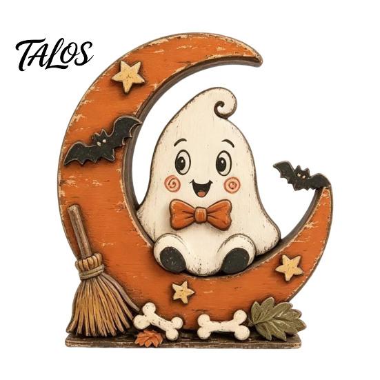 Waterproof Solid Wood Ornaments Halloween Retro Pumpkin Witch Cat Ghost Figurines with Crescent Base, Spooky Vintage Fall Holiday Party Supplies